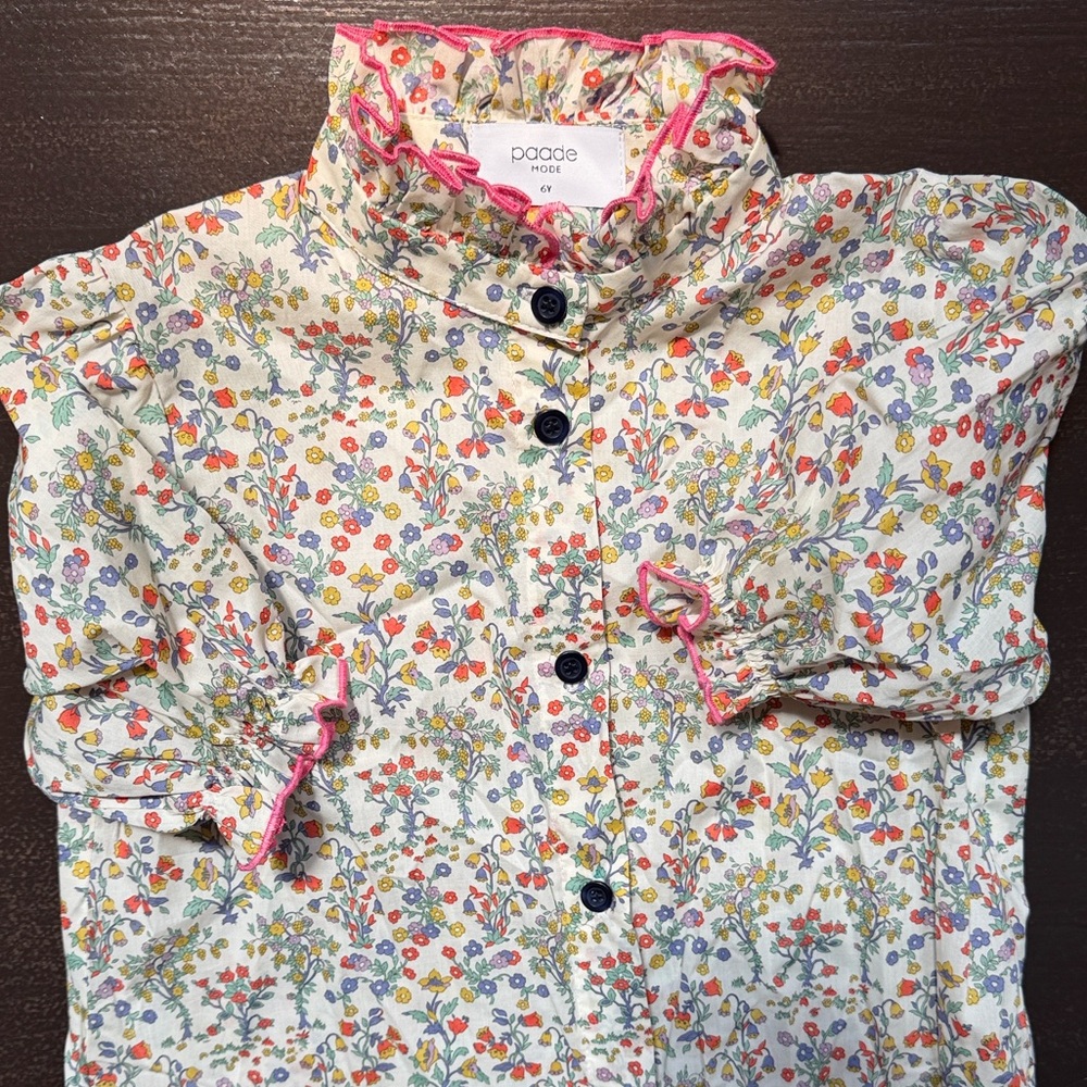 Jacadi Floral Ruffle-Neck Button Down Shirt - Cream, Pink, Blue